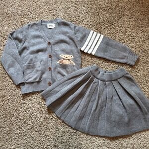 Lola And The Boys Varsity Gray Knit Teddy Bear Sweater & Skirt Set Sz 5